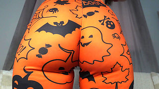 Indian big ass wife halloween  leggings doing camel toe pussy then masturbating and playing with her big tits