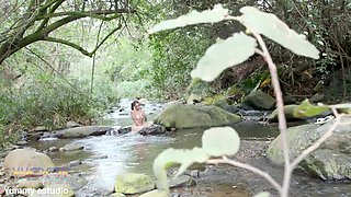 Horny Busty Nina Costa gets caught by some guys bathing in the river so she invites them to fuck her and she does her first double penetration and swallows the loads from two BBC’s