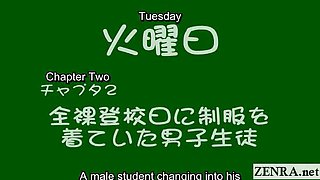 Subtitled group of Japan student nudists in locker room