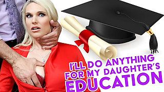 Dirty Blonde MILF Eats the Principal's Ass and Lets Him Ram Her Pussy Hard to Keep Her Stepdaughter at College