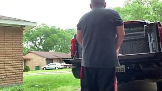 Brunette girl gets her pussy eaten in the trunk