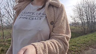 Boobwalk on the Side of the Road, Braless Walking in See Thru Shirt