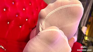 Goddess Big Booty and Foot Tease in White Stockings on the Red Couch