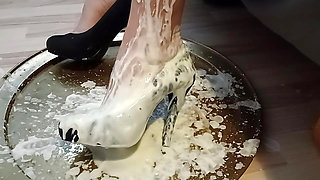 Are You Hungry Guys? Who Wants To Lick The Yoghurt Of My Sexy Black Leather Platform High Heel Pumps?