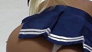 Girls-only Apartment in Japan, Tanned Busty Girl in Miniskirt Uniform and Wedgie Thong Panties Sexy Seduce Fitness