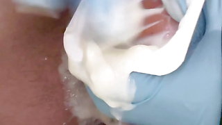 oviparous Japanese schoolgirl plays with teacher's eggs in the shower of the women's locker room