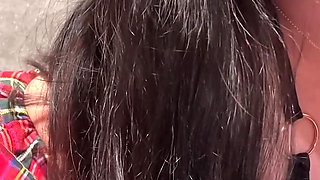 Sucking a Black Dildo in a Schoolgirl Outfit with a Butt Plug in My Ass