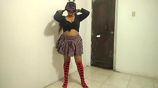 The busty student dances sexily in her apartment. She's an 18-year-old brunette.