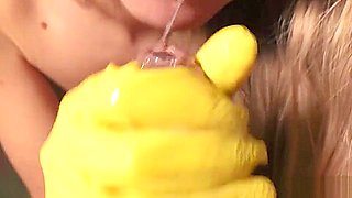 SEXY FRENCH MAID JERKED OFF ME - YELLOW LATEX GLOVES - BLOWJOB WITH CUM 4K
