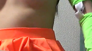 No Bra Nipple Stickers, Mini Skirt, Yellow Thong Wedgie Crotch, Cute Japanese Girl Body Viewed From Under the Desk