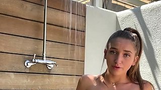 Gorgeous girl with perfect big tits brings herself to climax