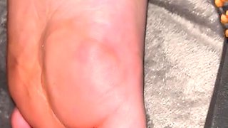 Kinky guy rubbing cock on sleeping wife's smooth soles