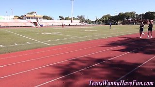Sporty teenager lezzies lick