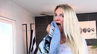 Piss soaked babe sucks drenched jeans and masturbates