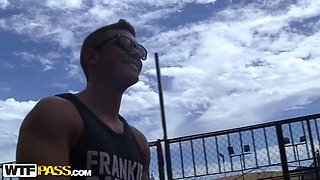 Risky public flashing and steamy group fucking