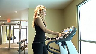 Blonde gym babe goes wild on a big dick with a deepthroat and naughty handjob
