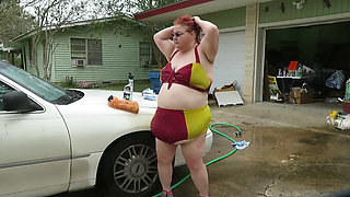 Car wash in and out of my iron man bikini set part 2 flashing