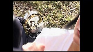 Wonderful Sexy Busty MILF Ass Fucked Outdoors by Two Huge Cocks That Cum in Her Mouth