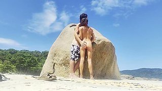 Skinny Brunette Magia Rosa Hides on Rio Beach for Outdoor Blowjob & Sex with Huge Cock