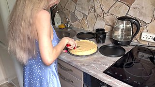 He serves his young step-sister a pie with gravy in the kitchen while indulging in some messy fun