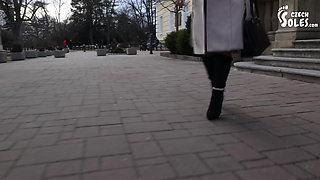 Public High Heels Walking, Worn Pantyhose and Foot Play