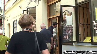 Curvy blonde granny picked up by two guys for a wild fuck