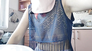 Hairy Brunette Pussy, Big Tits, Sensual Hairy Woman in the Kitchen.