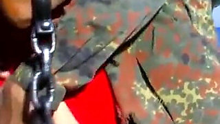 Brunette babe gets hard anally fucked from military men