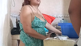 Maid Fucked in the Kitchen, Almost Discovered by the Boss