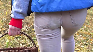 Milf In Tight Pants Collecting Mushrooms In The Woods Ass Fetish