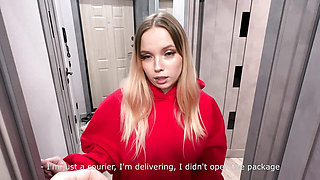 Sexy Delivery Girl without Panties Stole my Food! - Shows Big Tits and Sucks Cock, Fucks Tight Pussy