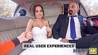 VIP4K. Sexy bride in white dress moans loudly being fucked in the wedding limo