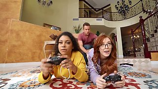 Guy plays a game called interracial sex with two roommates