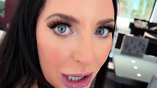 Busty curly brunette with big boobs fucks on couch