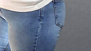 Step mom without panties under jeans in frot of step son