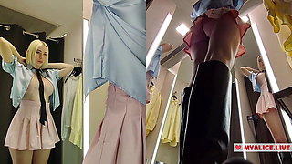 Young blonde with big tits tries on transparent clothes. Blonde MyCandyAlice shows tits in fitting room