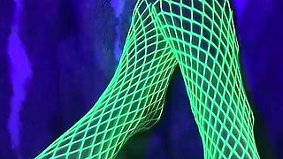 Tiny Asian Feet with Long Toes in Green Neon Fishnet