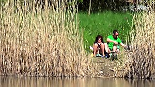 Horny mature couple enjoying wild sex action in the outdoors