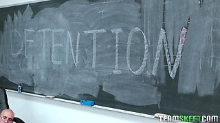 Two naughty students fuck in front of their teacher