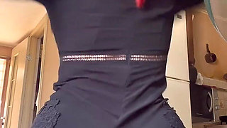 Masturbating with New Tight Clothes and Toilet Brush on the Balcony