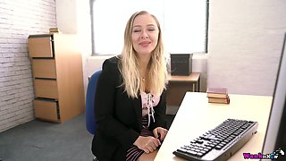Meet busty blonde office slut Beth who loves to masturbate at work