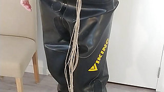 Undressing heavy rubber Viking drysuit dry diving suit, latex gasmask, neoprene hood