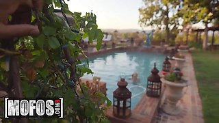 Stunning dark haired Karla Kush rides a meaty cock in point of view inwards her outdoors pool - mofos