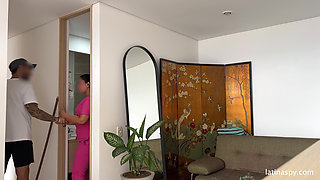 Maid with Huge Ass Cleans Apt Then Jerks Her Boss Part 2