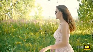 Old4k. mind-blowing red haired with glasses rides old sausage in the forest