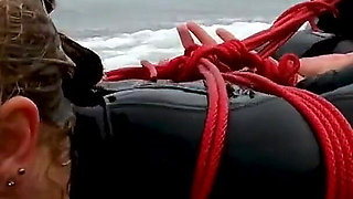 Hogtied in a Wetsuit - Rope Bondage Escape Challenge on the Beach