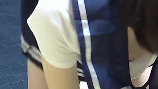 Girls-only Apartment in Japan. Serious Girl Do Workout While Spill Out Boobs From Miniskirt Uniforms and Thong Wedgie Camel Toe