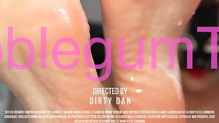Close-up Wet Foot Wash in Bathtub with Soap and Long Toenails