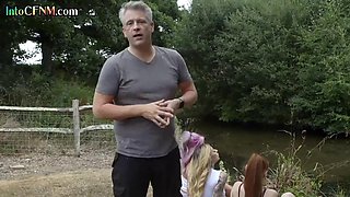 BJ loving CFNM babes cocksucking outdoor