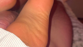 White Socks Ripped Nude Nylons Footjob - Long Red Toenails From Blonde